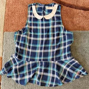Hollister Blue Plaid Sleeveless Top with Silk Lace Peterpan Collar